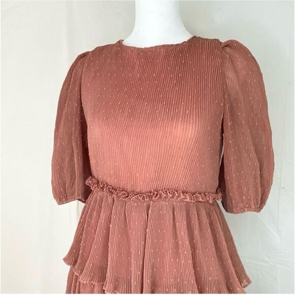 English Factory Size L Tiered Ruffled Midi Dress Mauve Brown Swiss Dot Flouncy - Picture 7 of 16